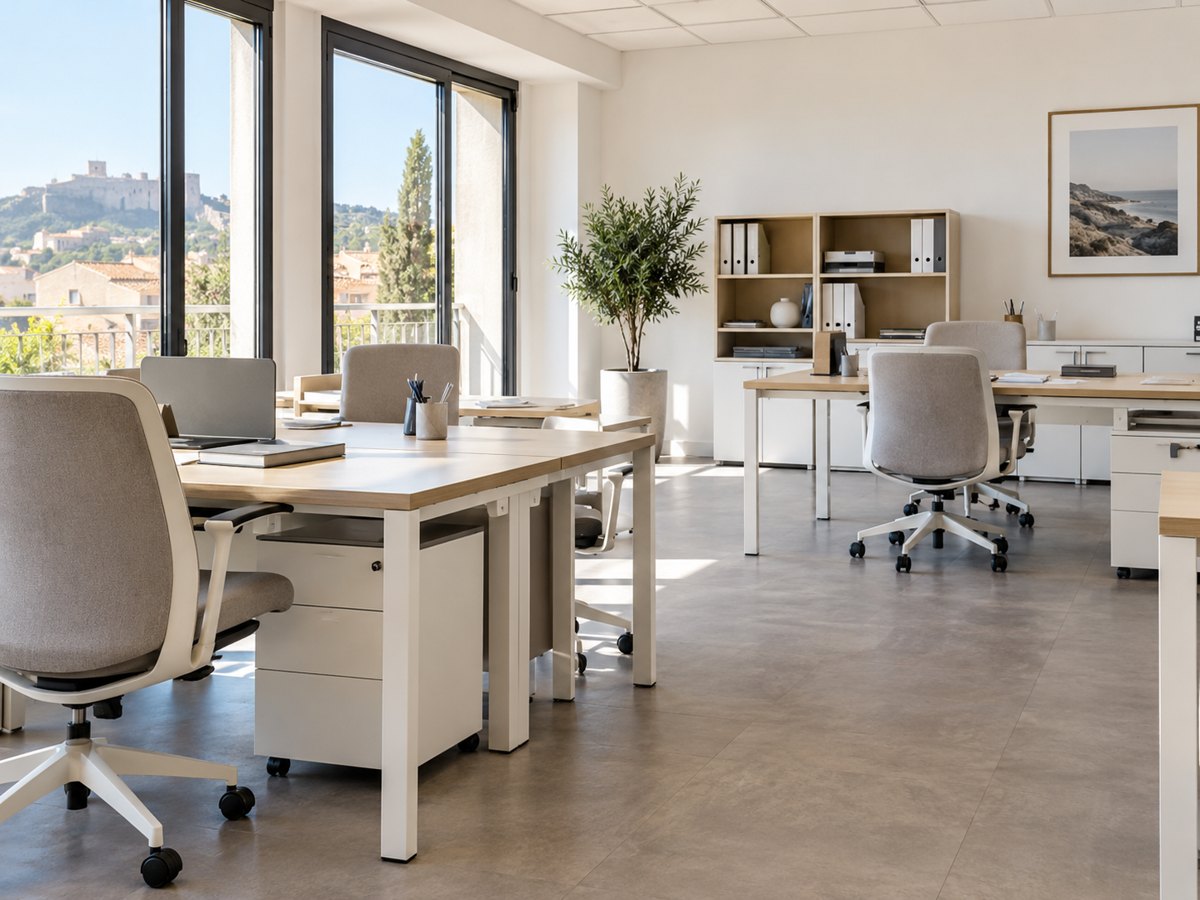 Bureaux lumineux avec tables et chaises de travail.