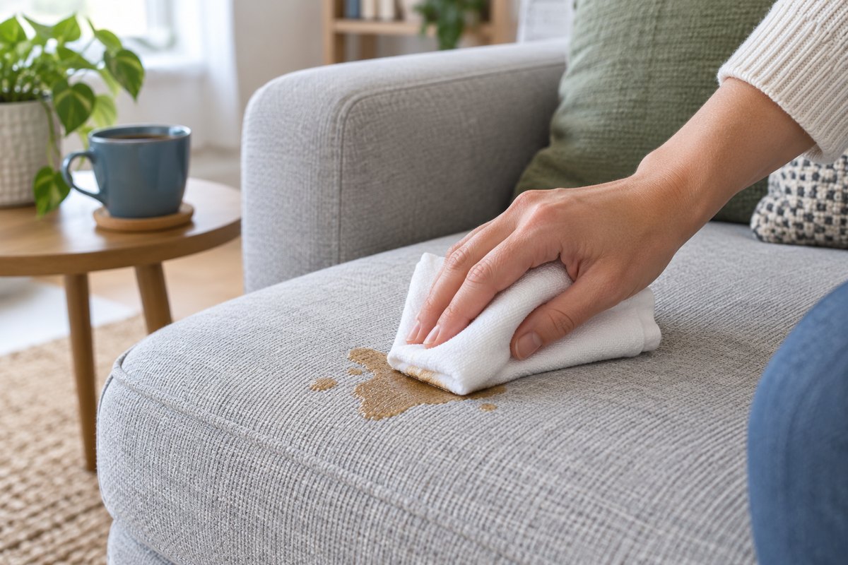 Main tamponnant une tache fraîche sur un canapé avec un linge blanc.