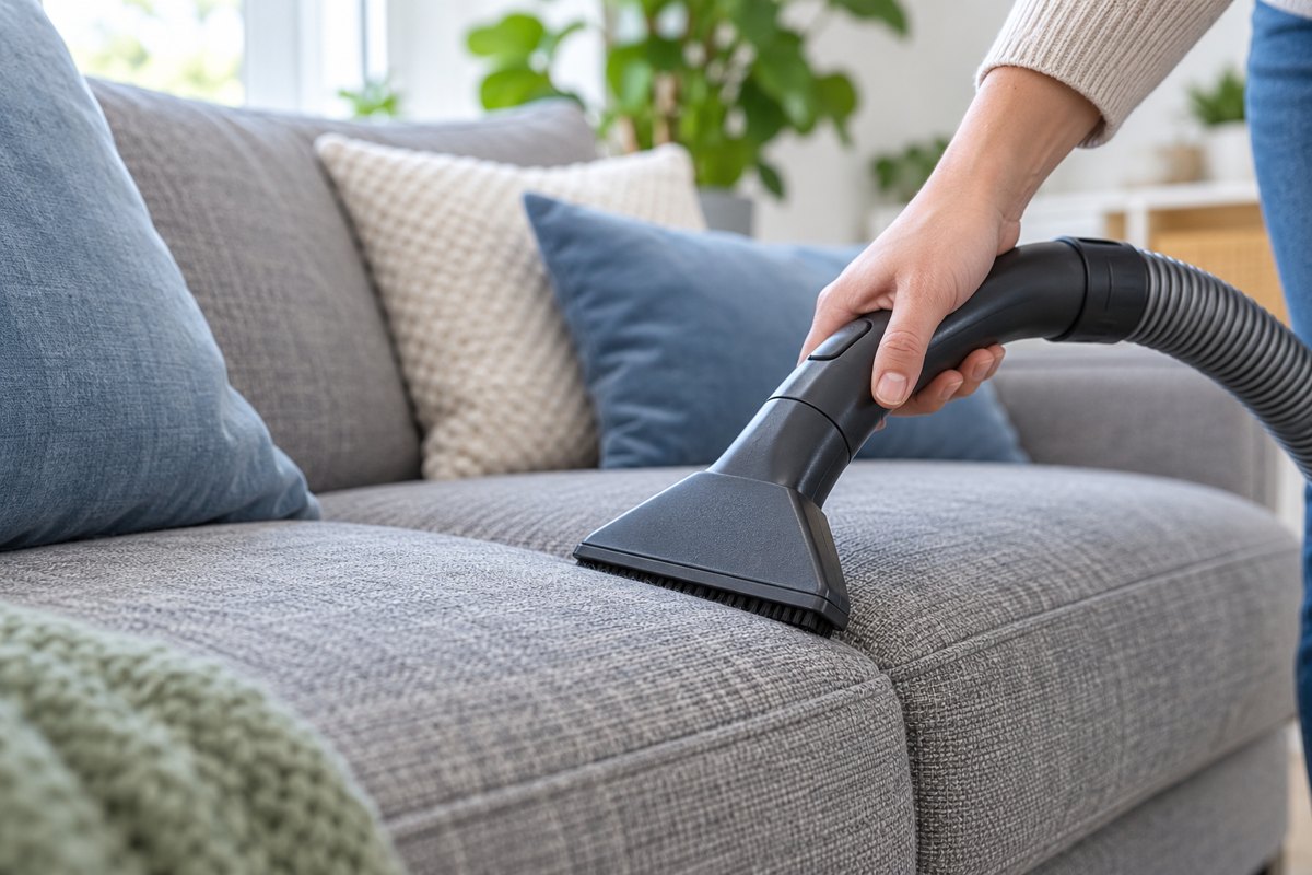 Embout d’aspirateur utilisé sur l’assise d’un canapé en tissu.