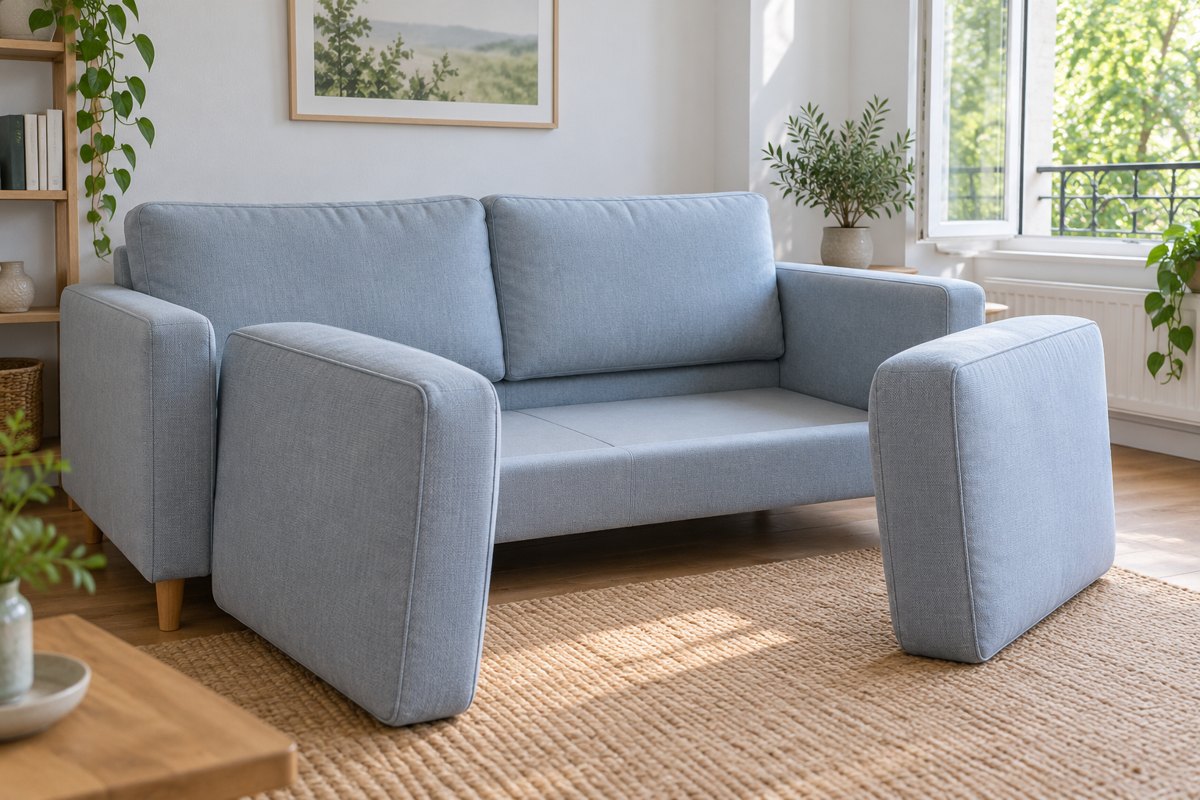 Coussins de canapé séparés dans un salon près d’une fenêtre ouverte.