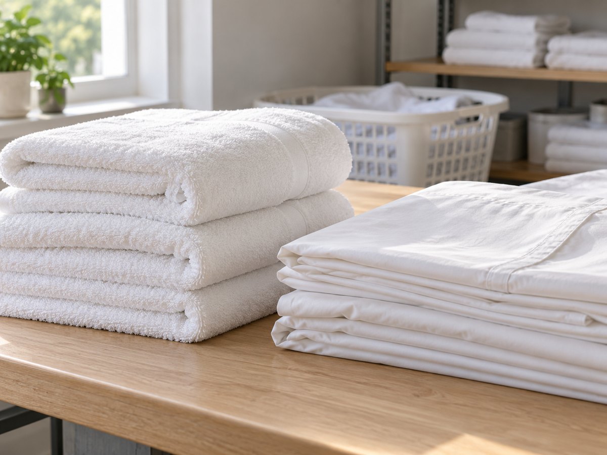 Serviettes et draps blancs pliés sur une table.