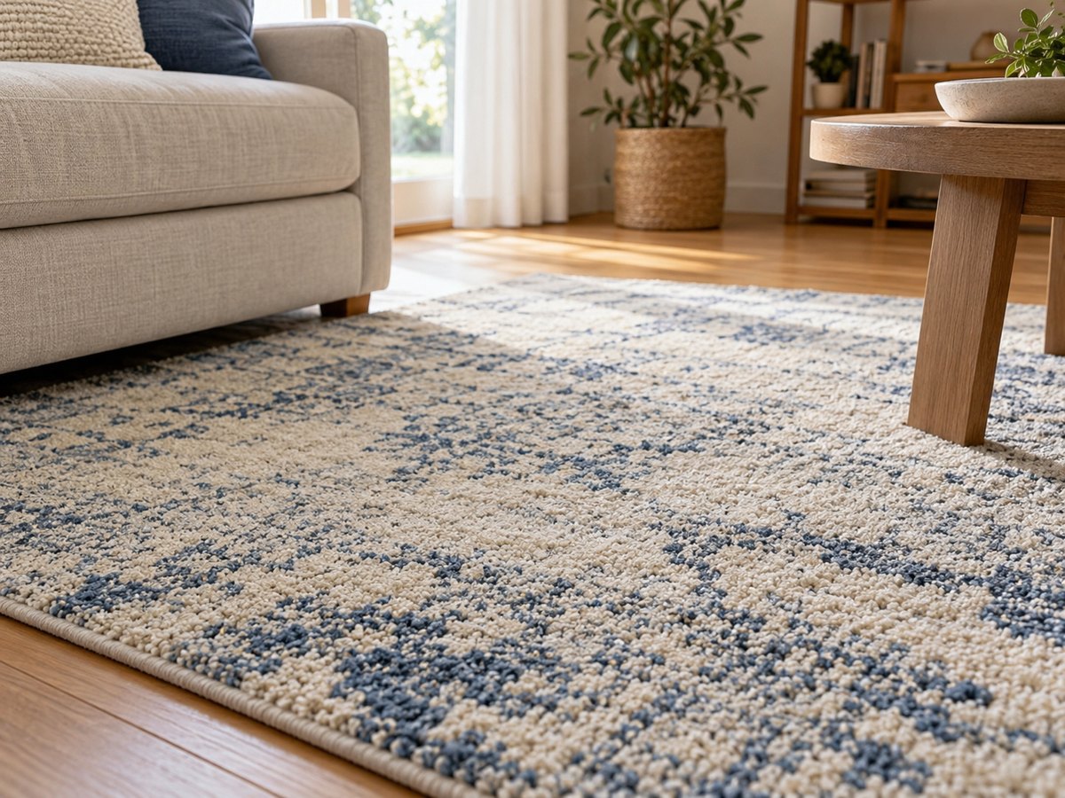 Tapis à motifs bleus et blancs près d’un canapé.