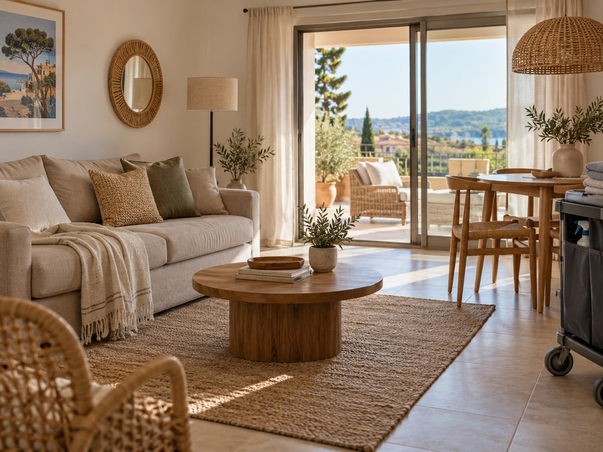 Salon de location avec canapé, tapis et baie vitrée.