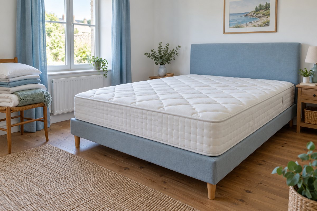Matelas découvert dans une chambre avec un espace dégagé autour du lit.