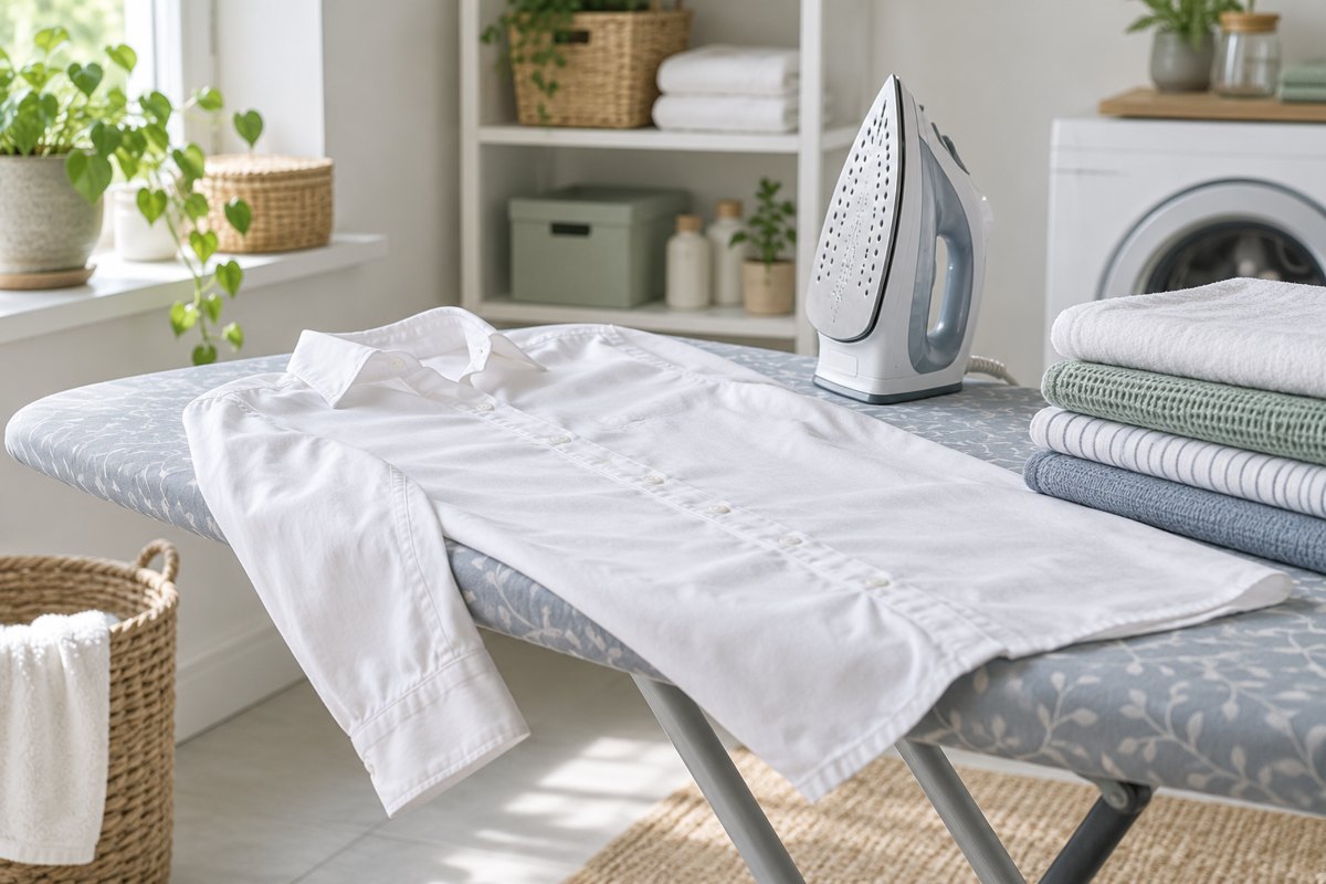Chemise blanche sur une table à repasser, fer posé verticalement.