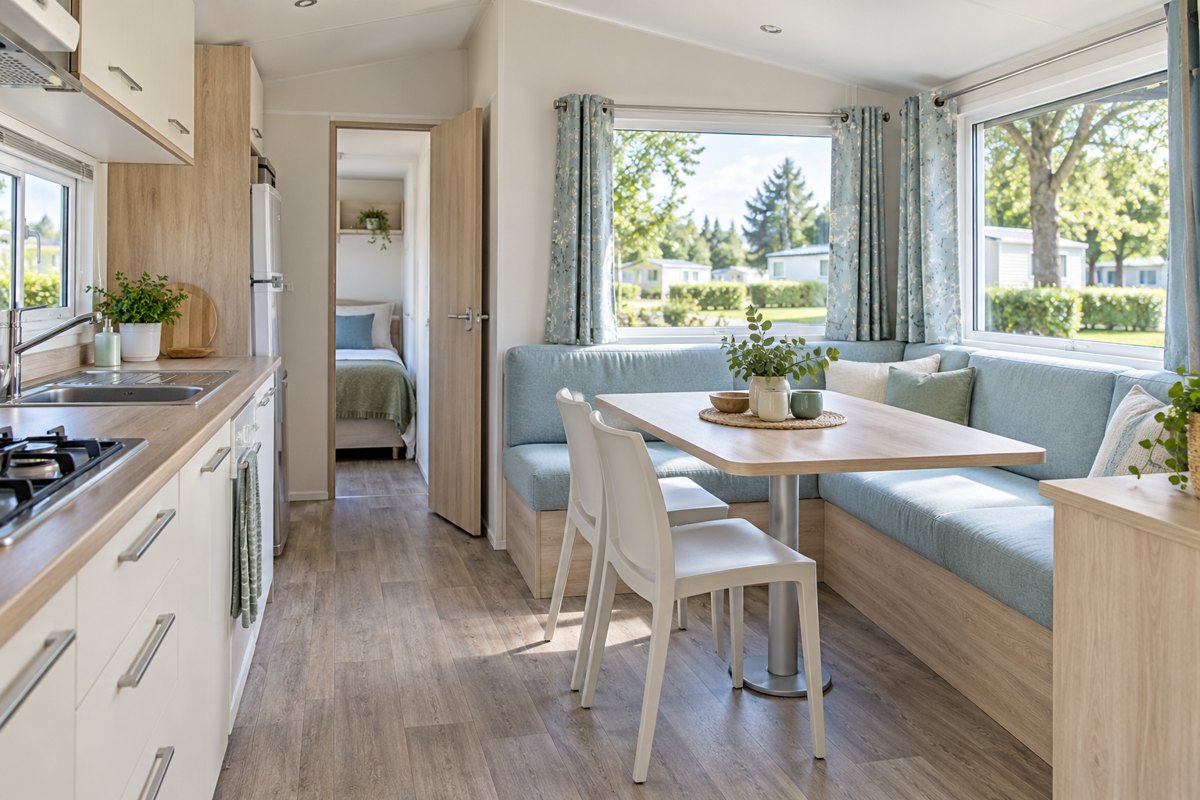 Intérieur de mobil-home avec banquette, table et kitchenette.