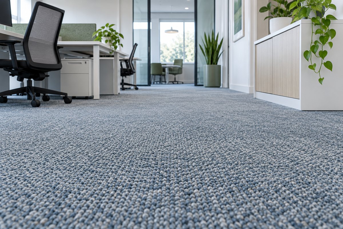 Moquette grise dans une circulation de bureaux inoccupés.