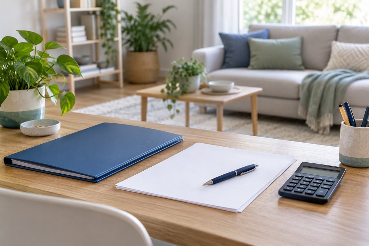 Dossier, feuille, stylo et calculatrice sur un bureau à domicile.